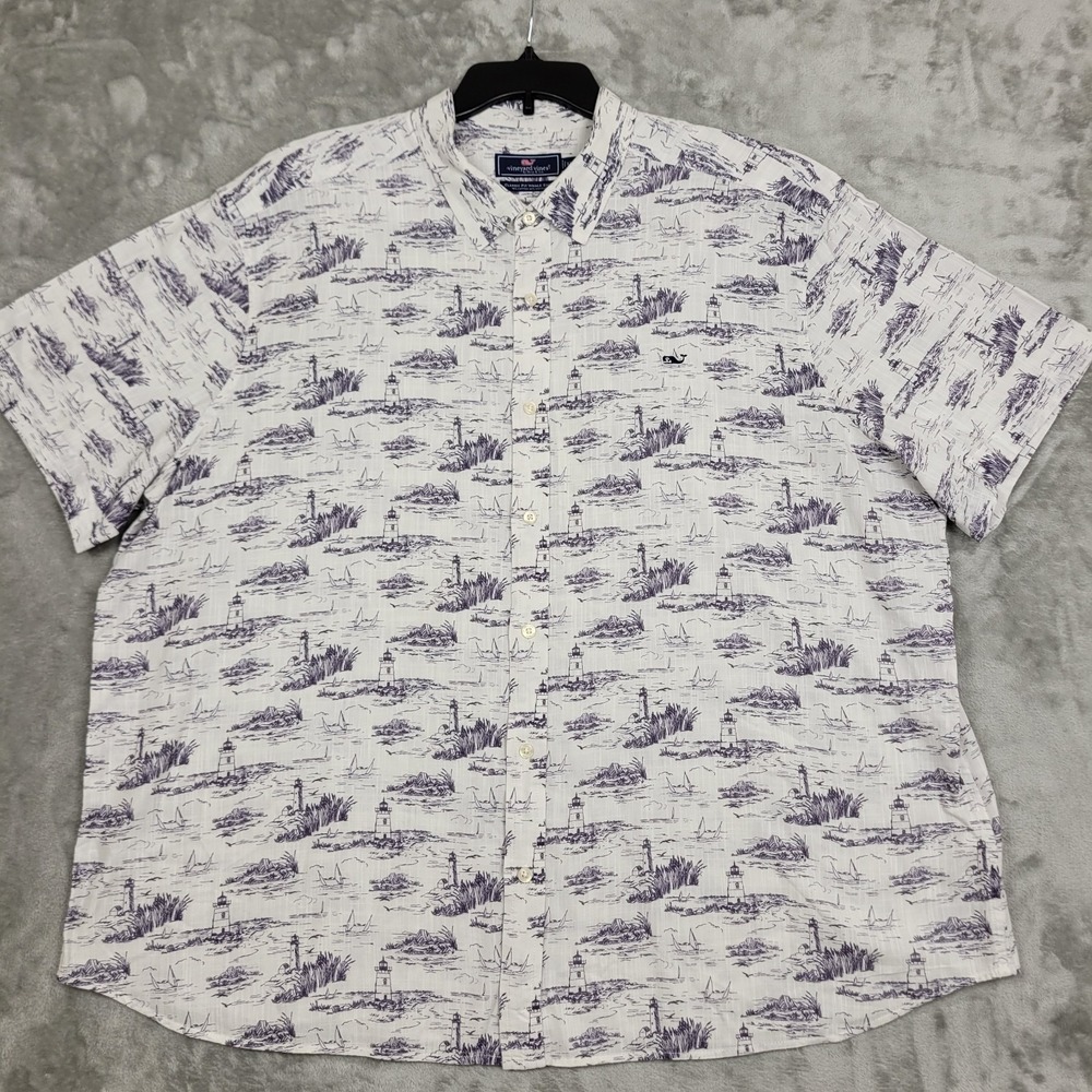 Vineyard Vines Men's 2XL Whale Shirt White Lighthouse Ocean Beach Print Casual